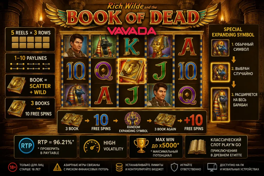 Book of Dead Vavada — RTP, Free Spins и Expanding Symbol