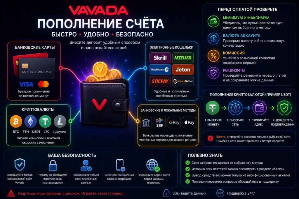 Пополнение Vavada банковской картой и криптовалютой
