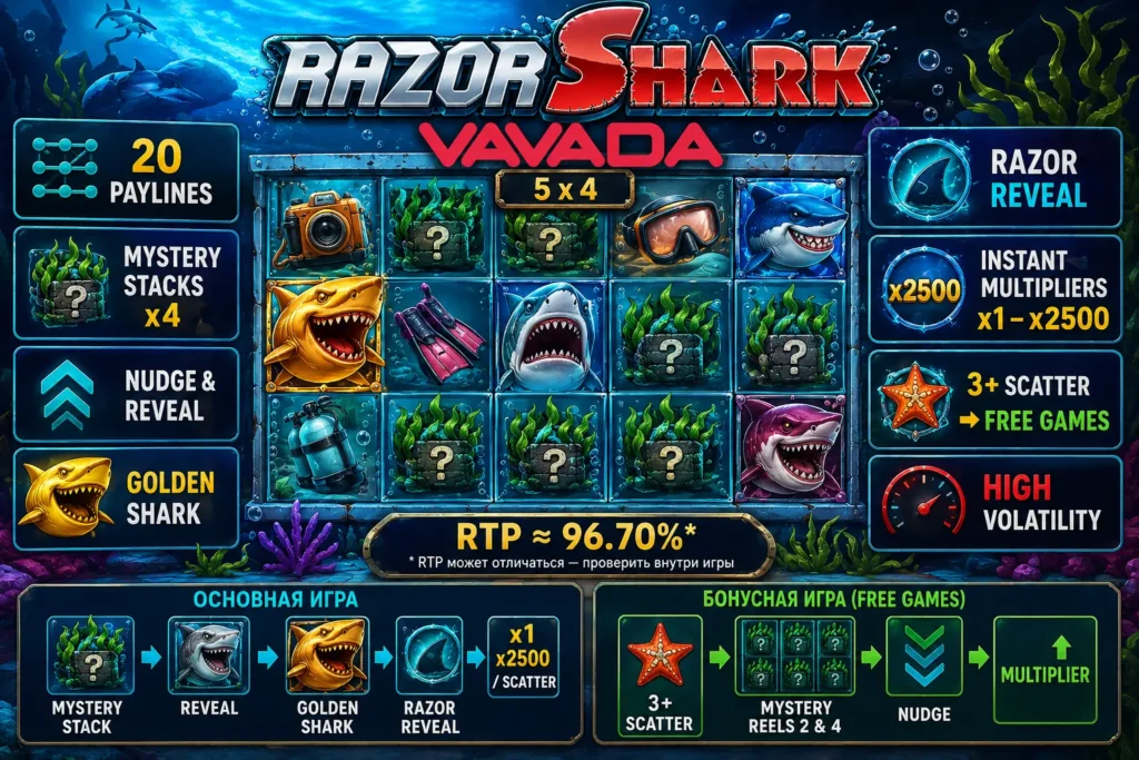 Razor Shark Vavada — Mystery Stacks, Razor Reveal и RTP