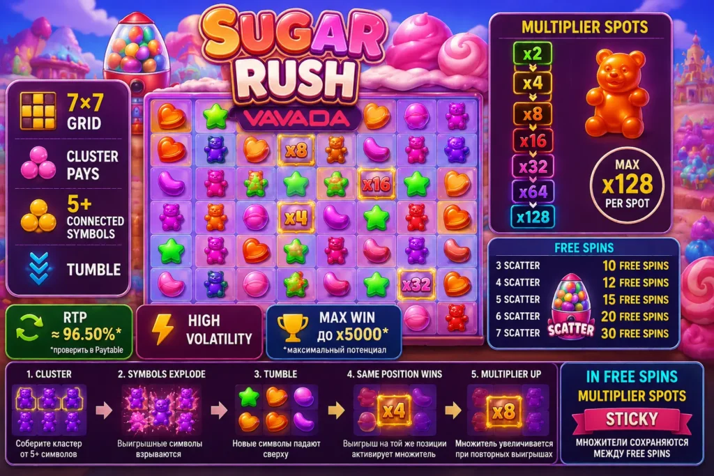Sugar Rush Vavada — Cluster Pays, множители x128 и RTP